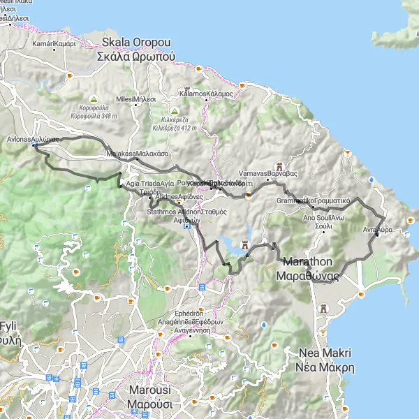 Map miniature of "Marathon and Terokoryfi Adventure" cycling inspiration in Attiki, Greece. Generated by Tarmacs.app cycling route planner