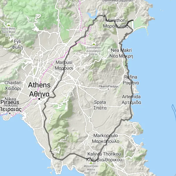 Map miniature of "Káto Soúlion to Rafina and Marathon" cycling inspiration in Attiki, Greece. Generated by Tarmacs.app cycling route planner