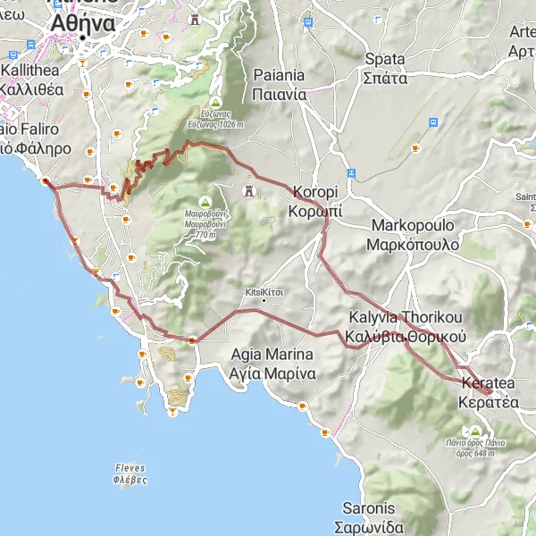 Map miniature of "Gravel Ride to Keratea and Back" cycling inspiration in Attiki, Greece. Generated by Tarmacs.app cycling route planner