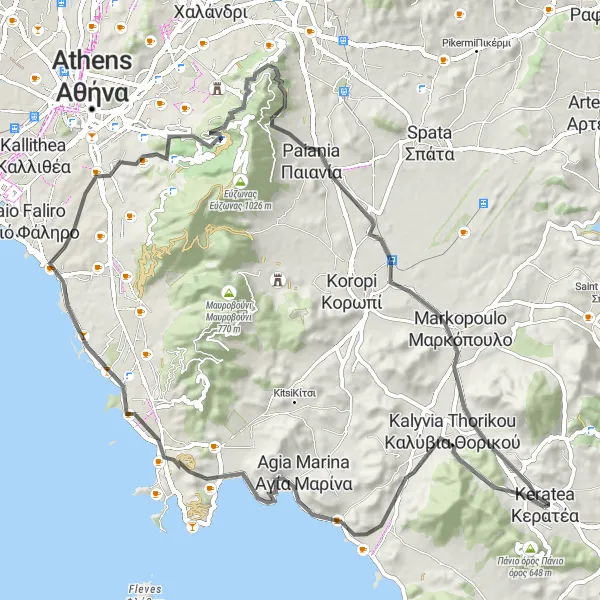 Map miniature of "Mountain Beauty and History" cycling inspiration in Attiki, Greece. Generated by Tarmacs.app cycling route planner
