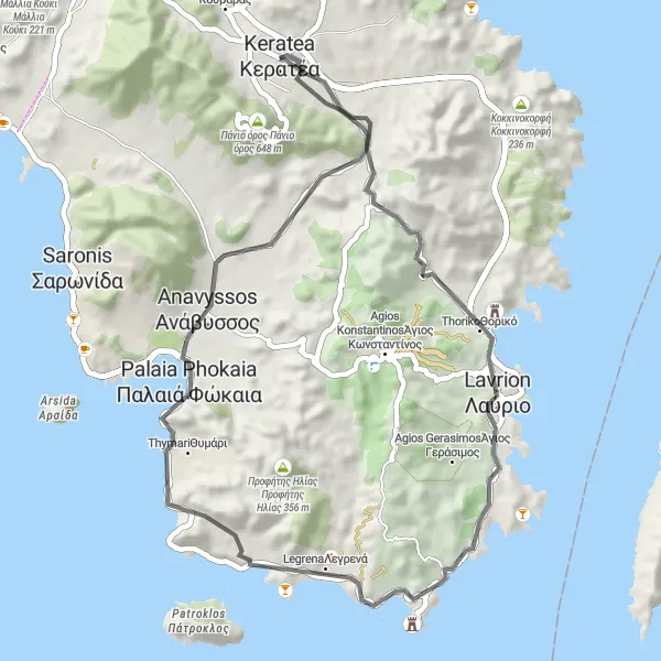 Map miniature of "Picturesque Loop around Keratea" cycling inspiration in Attiki, Greece. Generated by Tarmacs.app cycling route planner