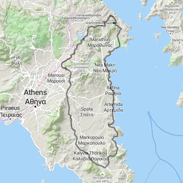 Map miniature of "Mountainous Exploration" cycling inspiration in Attiki, Greece. Generated by Tarmacs.app cycling route planner
