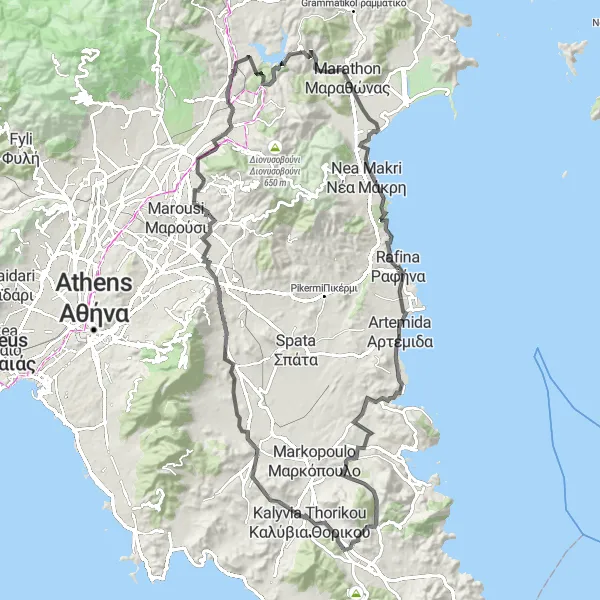 Map miniature of "A Coastal Adventure" cycling inspiration in Attiki, Greece. Generated by Tarmacs.app cycling route planner