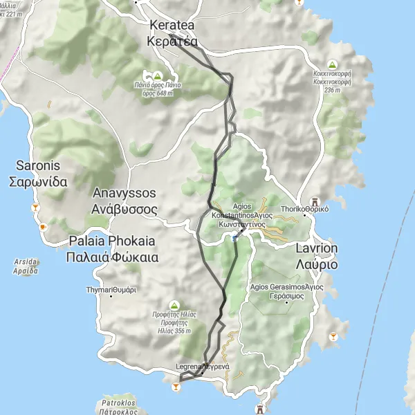 Map miniature of "Scenic Countryside Ride near Keratea" cycling inspiration in Attiki, Greece. Generated by Tarmacs.app cycling route planner