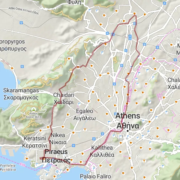 Map miniature of "Athens Gravel Loop Tour" cycling inspiration in Attiki, Greece. Generated by Tarmacs.app cycling route planner