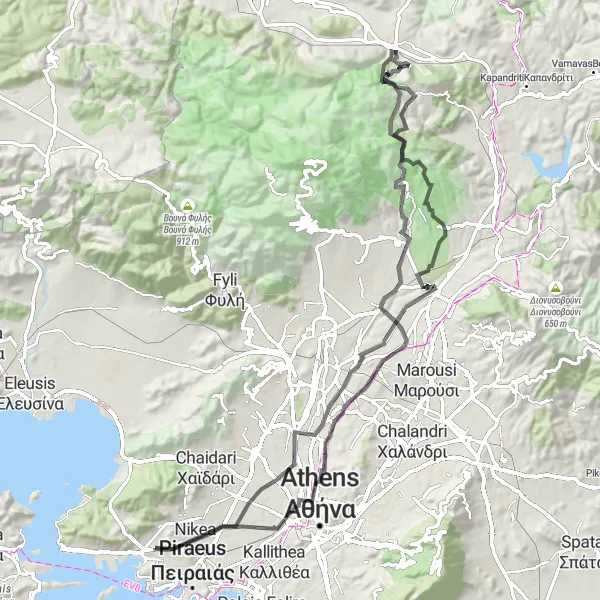 Map miniature of "Road Adventure from Keratsini" cycling inspiration in Attiki, Greece. Generated by Tarmacs.app cycling route planner