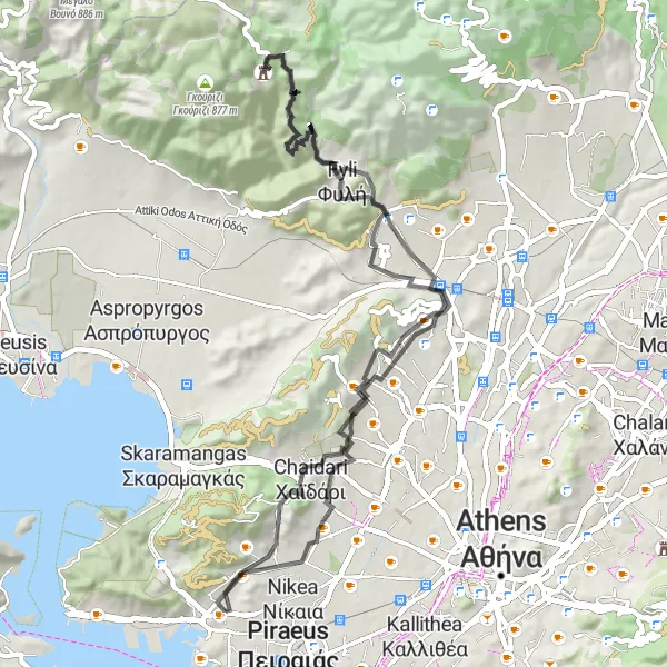 Map miniature of "Keratsini and the Highlights" cycling inspiration in Attiki, Greece. Generated by Tarmacs.app cycling route planner