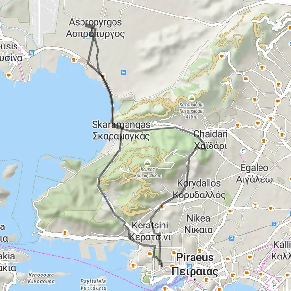 Map miniature of "Keratsíni Road Paradise" cycling inspiration in Attiki, Greece. Generated by Tarmacs.app cycling route planner