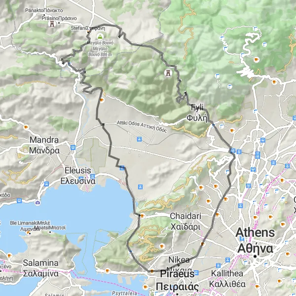 Map miniature of "Keratsini to Fyli Adventure" cycling inspiration in Attiki, Greece. Generated by Tarmacs.app cycling route planner