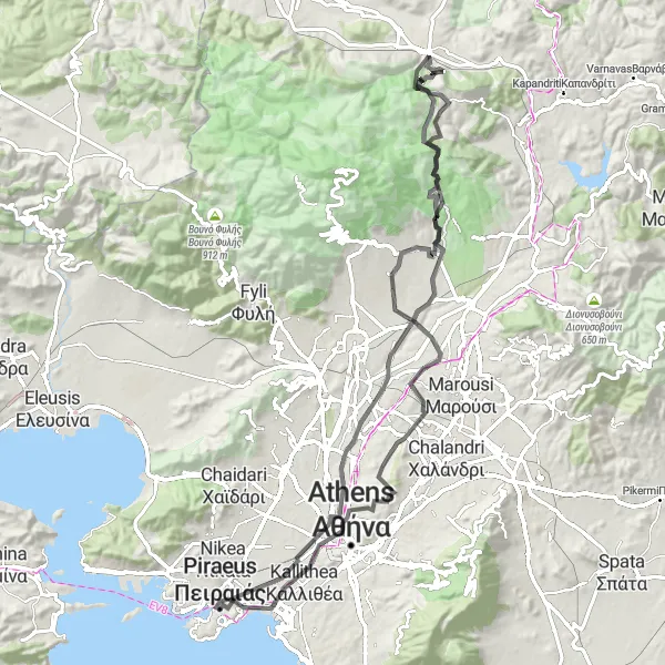 Map miniature of "Keratsini to Agia Triada Challenge" cycling inspiration in Attiki, Greece. Generated by Tarmacs.app cycling route planner