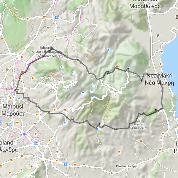 Map miniature of "Villages and Observatory" cycling inspiration in Attiki, Greece. Generated by Tarmacs.app cycling route planner