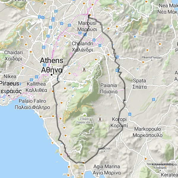 Map miniature of "Hills and Landmarks" cycling inspiration in Attiki, Greece. Generated by Tarmacs.app cycling route planner