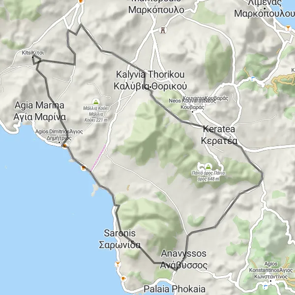 Map miniature of "Coastal Loop: Kítsi-Keratea-Metochi" cycling inspiration in Attiki, Greece. Generated by Tarmacs.app cycling route planner