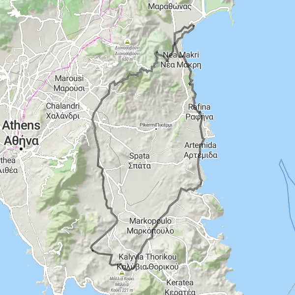 Map miniature of "Mountainous Tour of Attiki" cycling inspiration in Attiki, Greece. Generated by Tarmacs.app cycling route planner