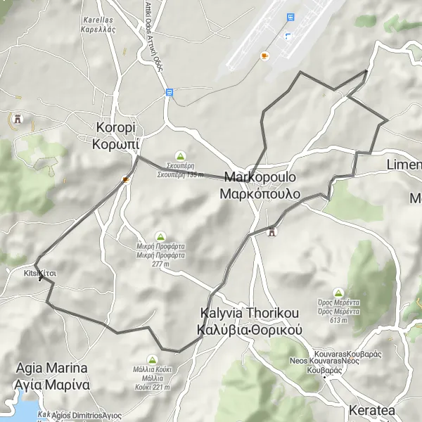 Map miniature of "Kítsi-Markopoulo Loop" cycling inspiration in Attiki, Greece. Generated by Tarmacs.app cycling route planner