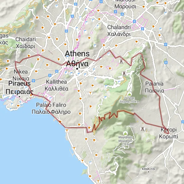 Map miniature of "Gravel Adventure to Athens" cycling inspiration in Attiki, Greece. Generated by Tarmacs.app cycling route planner