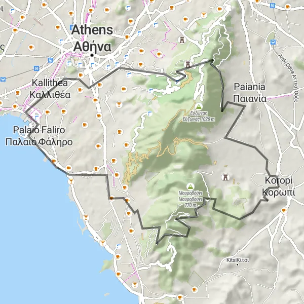Map miniature of "Koropi to Acropolis Challenge Route" cycling inspiration in Attiki, Greece. Generated by Tarmacs.app cycling route planner