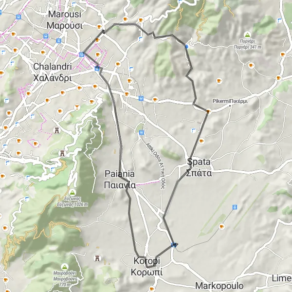 Map miniature of "Road Cycling Odyssey" cycling inspiration in Attiki, Greece. Generated by Tarmacs.app cycling route planner