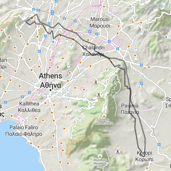 Map miniature of "Glyka Nera and Chalandri Exploration" cycling inspiration in Attiki, Greece. Generated by Tarmacs.app cycling route planner