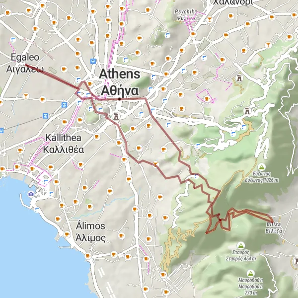 Map miniature of "Mountainous Gravel Adventure" cycling inspiration in Attiki, Greece. Generated by Tarmacs.app cycling route planner