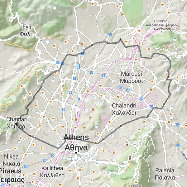 Map miniature of "Korydallós to Egaleo Loop" cycling inspiration in Attiki, Greece. Generated by Tarmacs.app cycling route planner