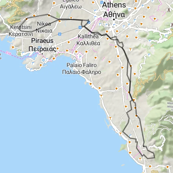 Map miniature of "Korydallós to Keratsini" cycling inspiration in Attiki, Greece. Generated by Tarmacs.app cycling route planner