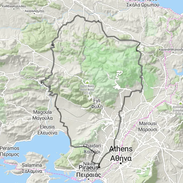 Map miniature of "Challenge of the Hills" cycling inspiration in Attiki, Greece. Generated by Tarmacs.app cycling route planner