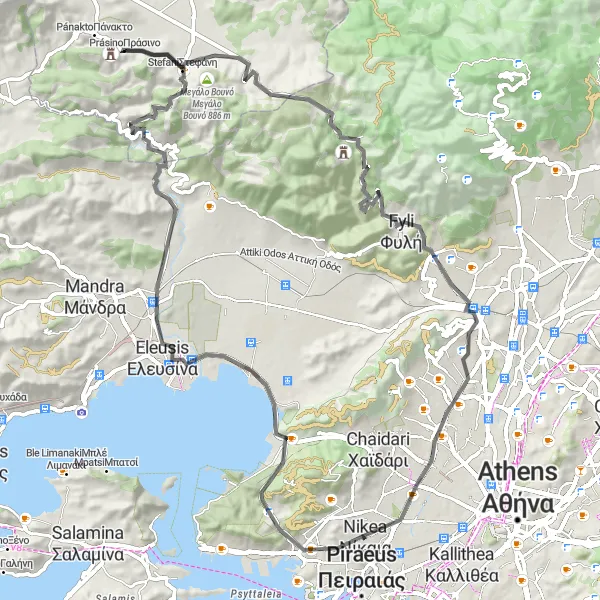Map miniature of "Scenic Loop through Skaramangas" cycling inspiration in Attiki, Greece. Generated by Tarmacs.app cycling route planner