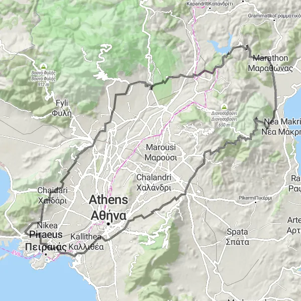 Map miniature of "Challenge around Athenian Mountains" cycling inspiration in Attiki, Greece. Generated by Tarmacs.app cycling route planner