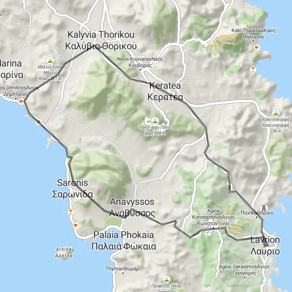 Map miniature of "Lávrio - Βουνό Κίτσου - Κούπιζα Route" cycling inspiration in Attiki, Greece. Generated by Tarmacs.app cycling route planner
