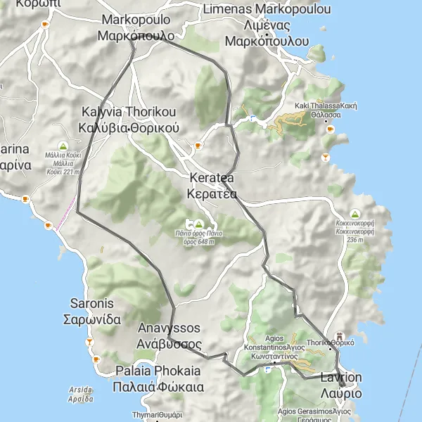 Map miniature of "Lávrio to Keratea: A Scenic Road Cycling Route" cycling inspiration in Attiki, Greece. Generated by Tarmacs.app cycling route planner
