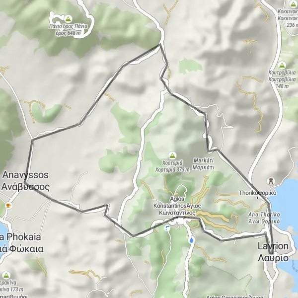 Map miniature of "Lávrio - Βαλμάς - Βελατούρι Loop" cycling inspiration in Attiki, Greece. Generated by Tarmacs.app cycling route planner