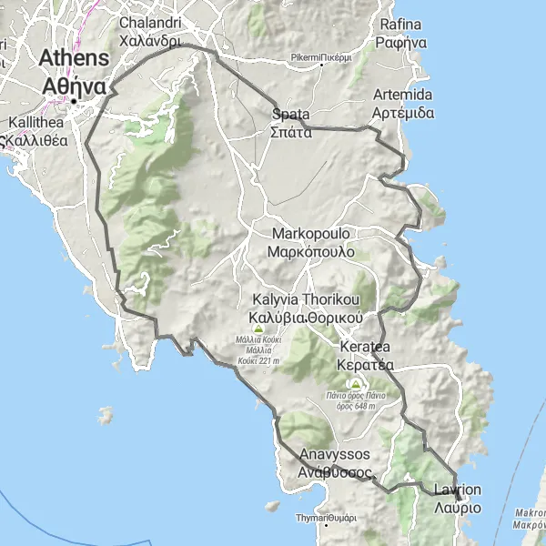 Map miniature of "The Lavrio Epic" cycling inspiration in Attiki, Greece. Generated by Tarmacs.app cycling route planner