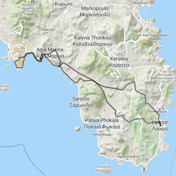 Map miniature of "Lávrio to Agia Marina: Scenic Road Cycling Experience" cycling inspiration in Attiki, Greece. Generated by Tarmacs.app cycling route planner