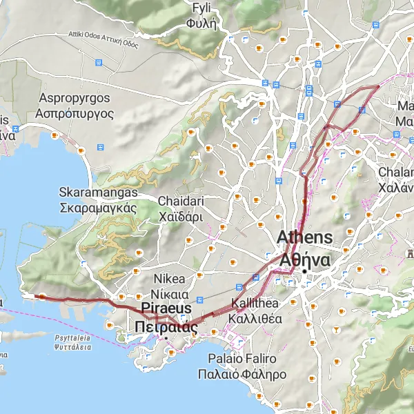 Map miniature of "Lykóvrysi-Moschato-Kastella loop" cycling inspiration in Attiki, Greece. Generated by Tarmacs.app cycling route planner
