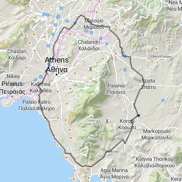 Map miniature of "Lykóvrysi to Kallithea Scenic Route" cycling inspiration in Attiki, Greece. Generated by Tarmacs.app cycling route planner