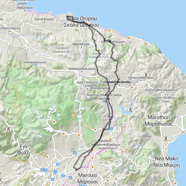 Map miniature of "Lykóvrysi to Agios Stefanos Loop" cycling inspiration in Attiki, Greece. Generated by Tarmacs.app cycling route planner