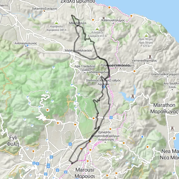 Map miniature of "Lykovrysi to Kosmothea Loop" cycling inspiration in Attiki, Greece. Generated by Tarmacs.app cycling route planner