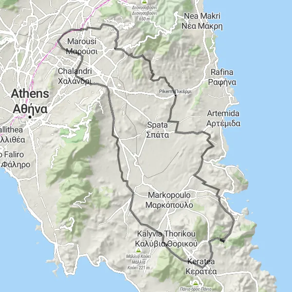 Map miniature of "Pentéli Observatory and Porto Rafti Loop" cycling inspiration in Attiki, Greece. Generated by Tarmacs.app cycling route planner