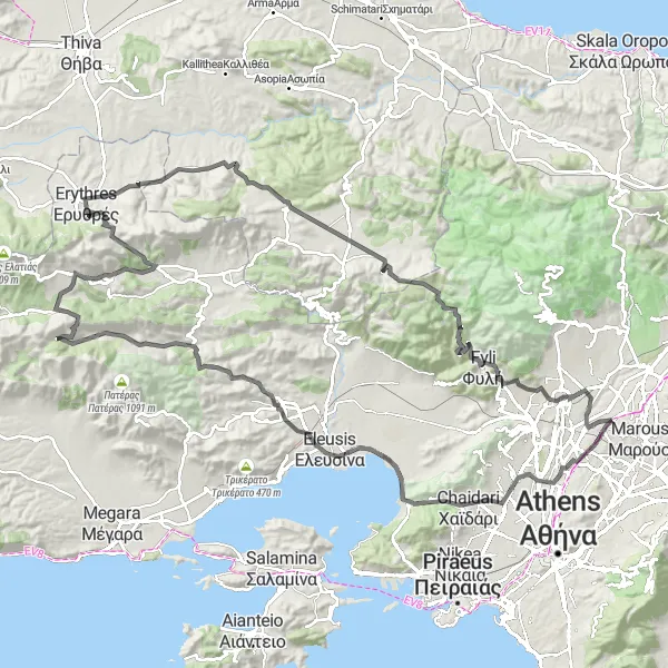 Map miniature of "Lykóvrysi - Erythres - Acharnes Loop" cycling inspiration in Attiki, Greece. Generated by Tarmacs.app cycling route planner