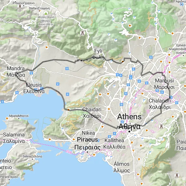 Map miniature of "The Mythical Landscapes" cycling inspiration in Attiki, Greece. Generated by Tarmacs.app cycling route planner