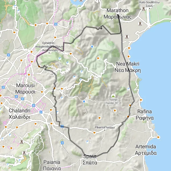 Map miniature of "Marathon - Kiafa - Pallini Circuit" cycling inspiration in Attiki, Greece. Generated by Tarmacs.app cycling route planner