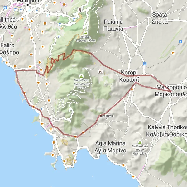 Map miniature of "Markopoulo - Stroggyloupoula - Vari - Argyroupoli - Kastro - Kamilafo" cycling inspiration in Attiki, Greece. Generated by Tarmacs.app cycling route planner