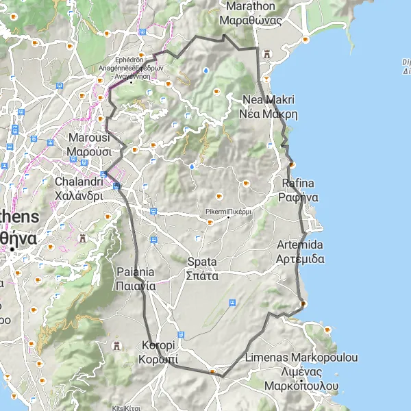 Map miniature of "Markopoulo - Paiania - Vrilissia - Kastraki - Pyrgari - Vranas - Rafina - Fysa Barda" cycling inspiration in Attiki, Greece. Generated by Tarmacs.app cycling route planner