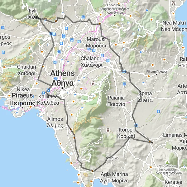 Map miniature of "Markopoulo - Palați - Philopappos Hill - Parthenon - Peristeri - Platwsi - Nea Erythrea - Tournovuni - Spata - Kamilafo" cycling inspiration in Attiki, Greece. Generated by Tarmacs.app cycling route planner