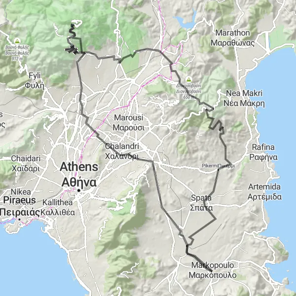 Map miniature of "Mountainous Splendors and Hidden Treasures" cycling inspiration in Attiki, Greece. Generated by Tarmacs.app cycling route planner