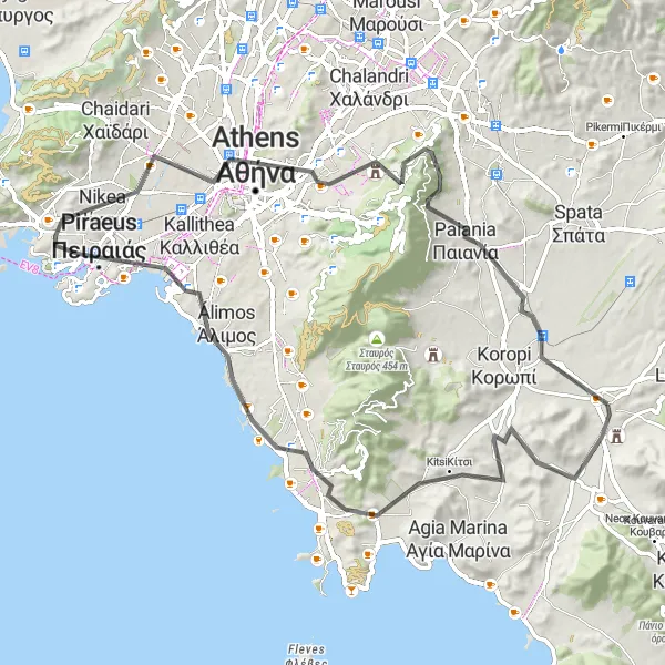 Map miniature of "Markopoulo to Kontargyate Loop" cycling inspiration in Attiki, Greece. Generated by Tarmacs.app cycling route planner