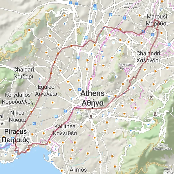 Map miniature of "Hidden Gems of Maroúsi Gravel Tour" cycling inspiration in Attiki, Greece. Generated by Tarmacs.app cycling route planner