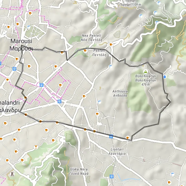 Map miniature of "Maroúsi - Pallini - Chalandri Route" cycling inspiration in Attiki, Greece. Generated by Tarmacs.app cycling route planner