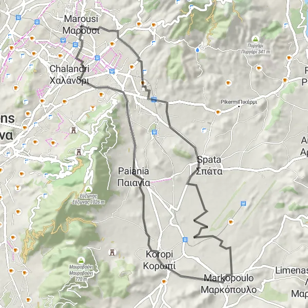 Map miniature of "Maroúsi - Pallini - Spata - Καμηλάφι - Σκουπέρη - Koropi - Paiania - Chalandri Route" cycling inspiration in Attiki, Greece. Generated by Tarmacs.app cycling route planner